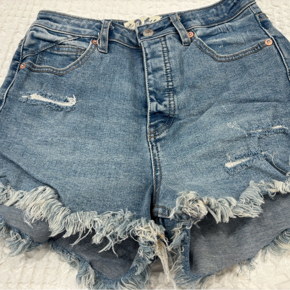 Free People Light Blue Frayed Jean Shorts